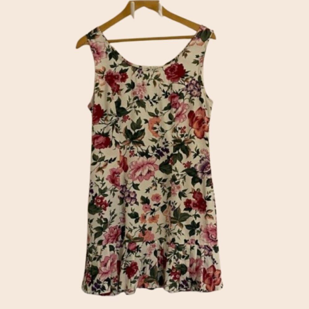 Vintage 90's White Floral Mini Sundress with Pleated Hem Size L / XL